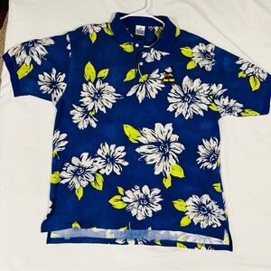 Vintage Rare Disney Store Mens (L) Blue Floral Hawaiian Mickey Mouse Polo Shirt